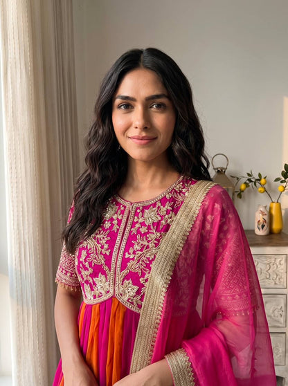 Pink Embroidered Silk Anarkali Suit Set with Flared Skirt & Dupatta