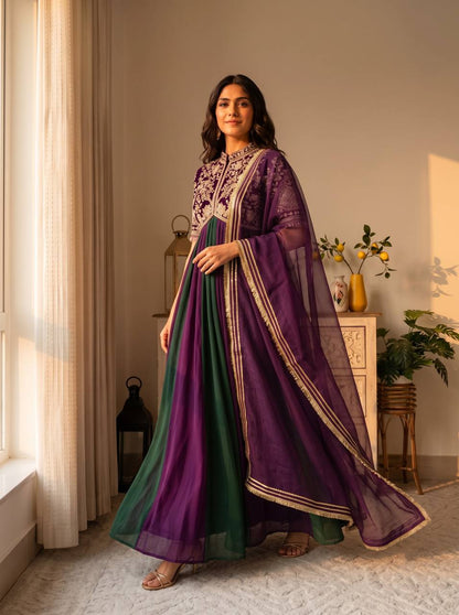 Pink Embroidered Silk Anarkali Suit Set with Flared Skirt & Dupatta