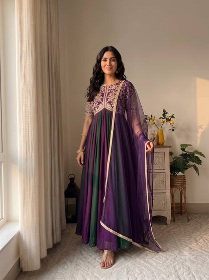 Pink Embroidered Silk Anarkali Suit Set with Flared Skirt & Dupatta