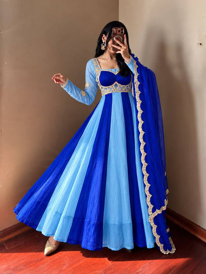 Emerald Green & Royal Purple Embroidered Velvet Anarkali Gown
