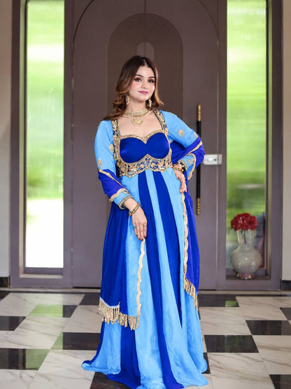 Emerald Green & Royal Purple Embroidered Velvet Anarkali Gown