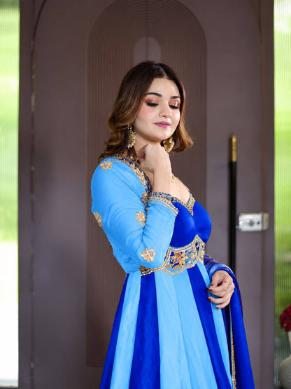 Emerald Green & Royal Purple Embroidered Velvet Anarkali Gown