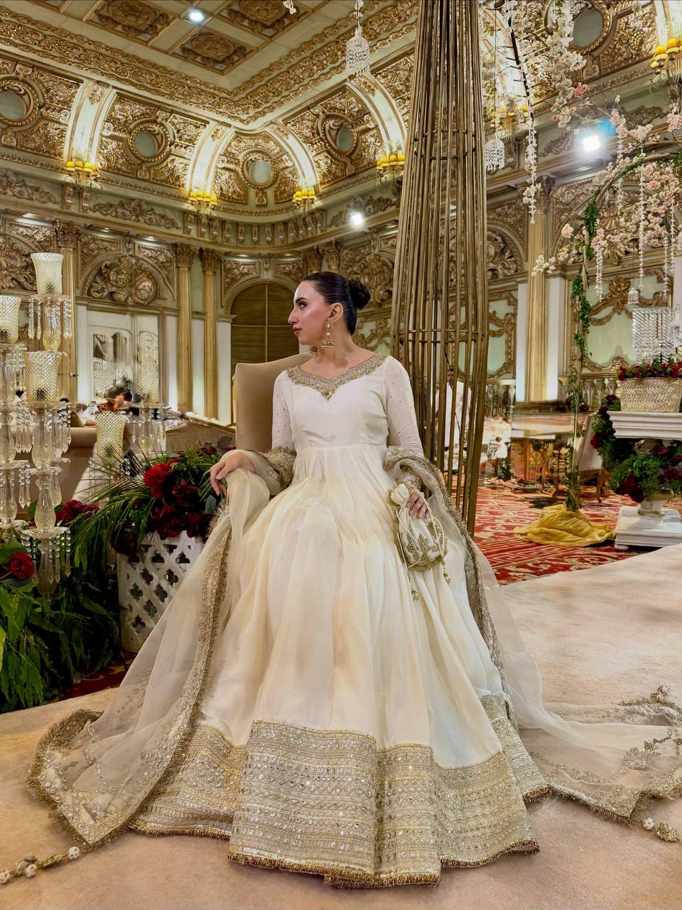 Ivory White Embroidered VichitraAnarkali