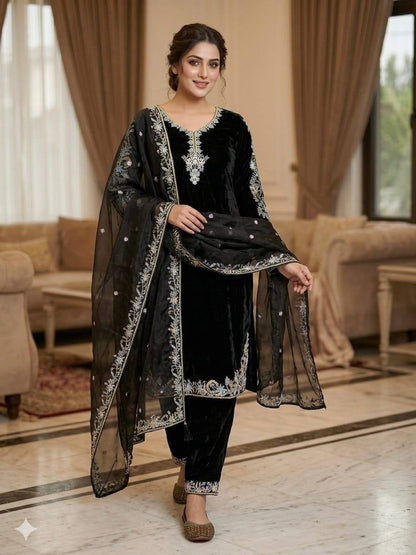 Black  Embroidered Straight Kurta & Dupatta Set
