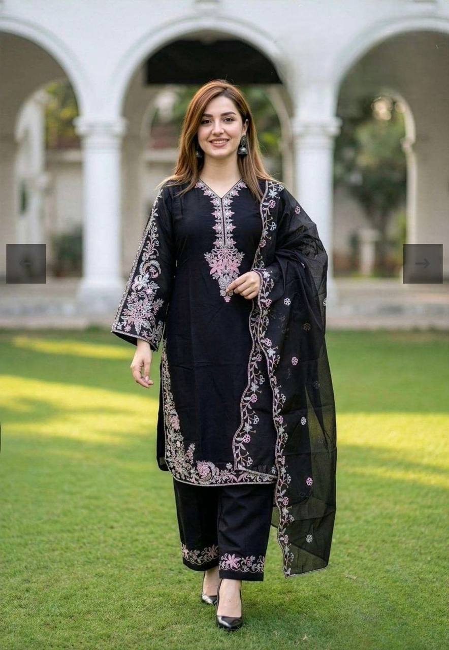 Black  Embroidered Straight Kurta & Dupatta Set