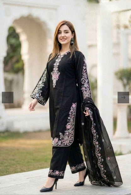 Black  Embroidered Straight Kurta & Dupatta Set