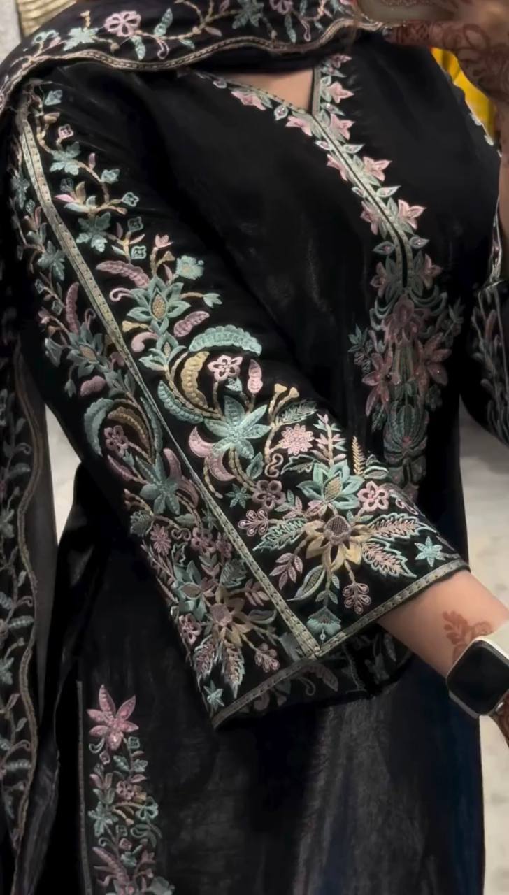 Black  Embroidered Straight Kurta & Dupatta Set