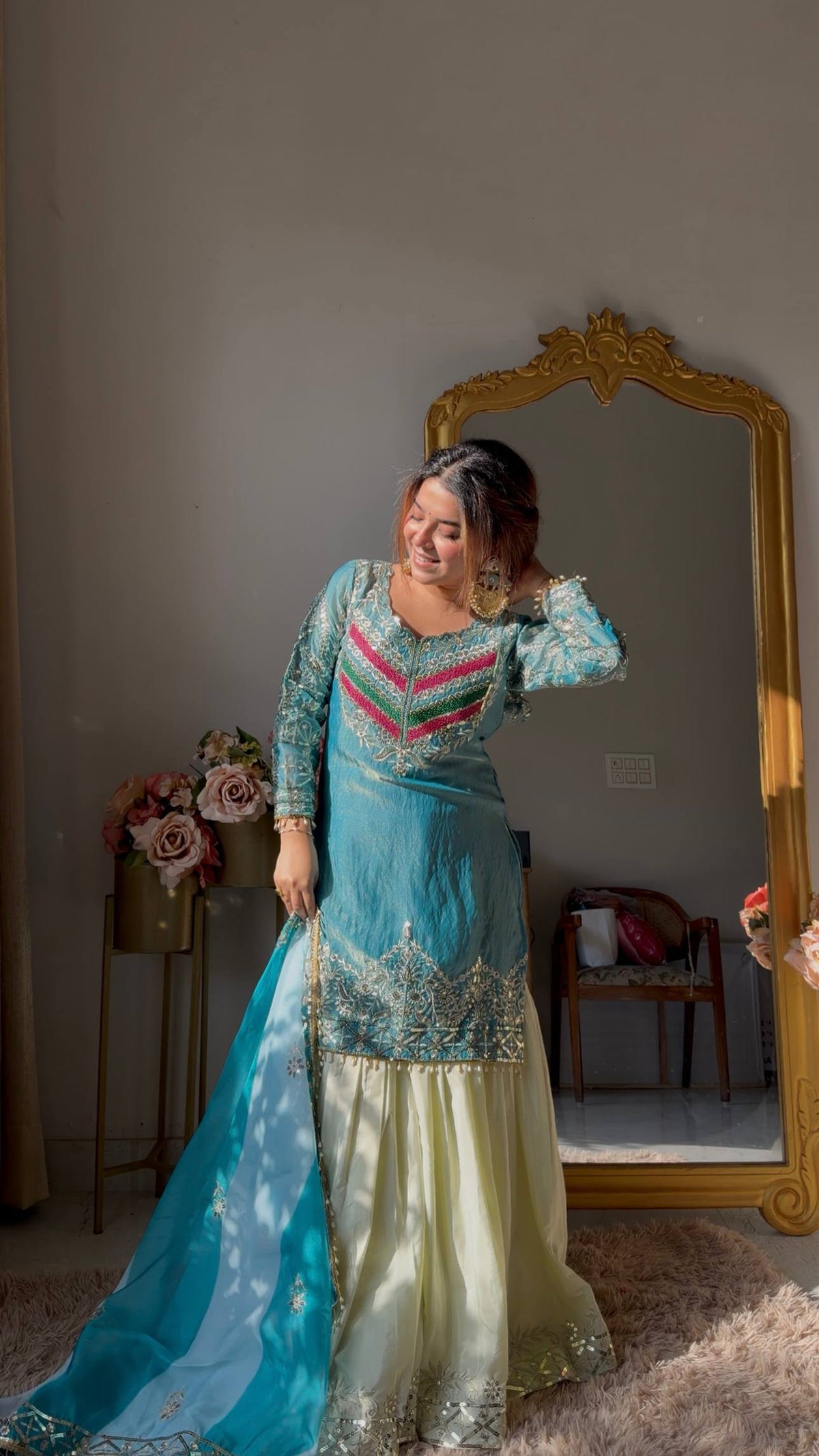 Royal Teal Kurti with Flowing Sharara & Designer Dupatta