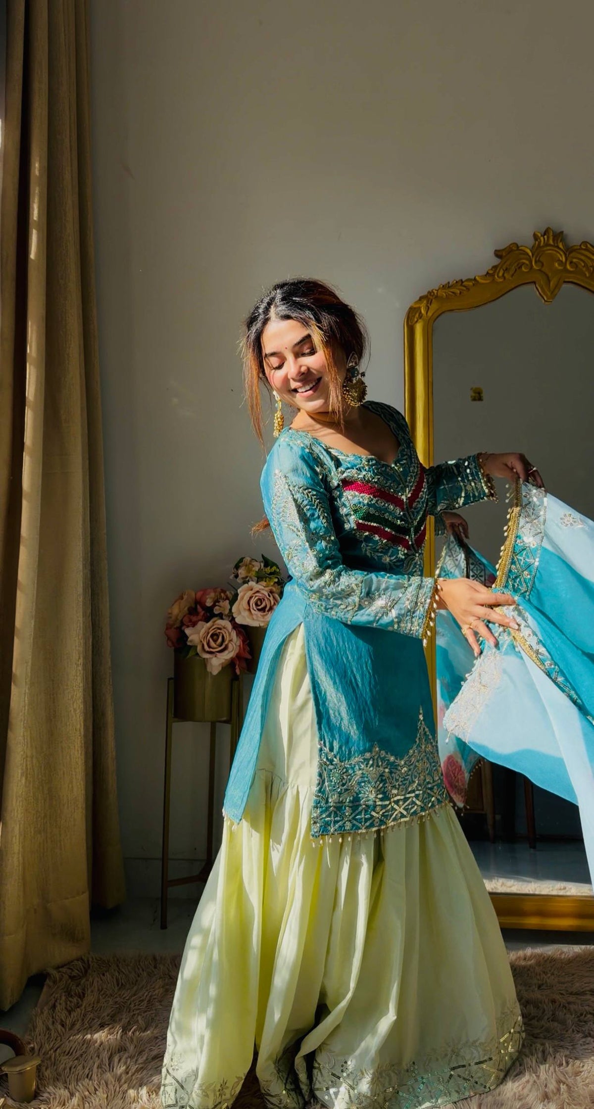 Royal Teal Kurti with Flowing Sharara & Designer Dupatta