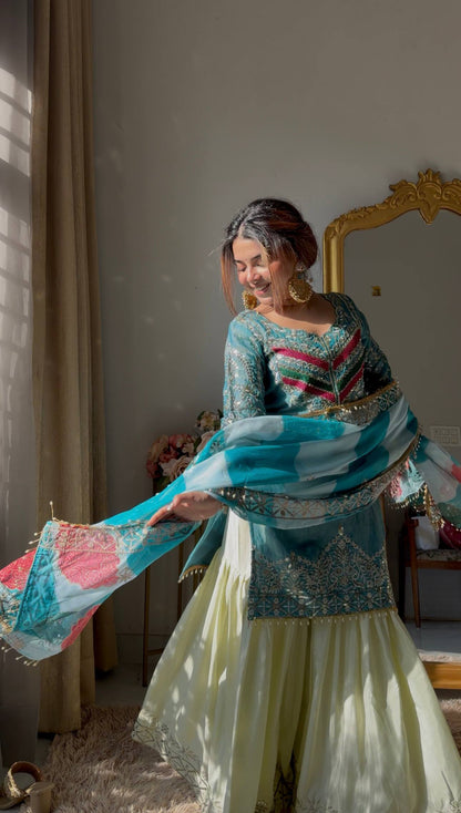 Royal Teal Kurti with Flowing Sharara & Designer Dupatta