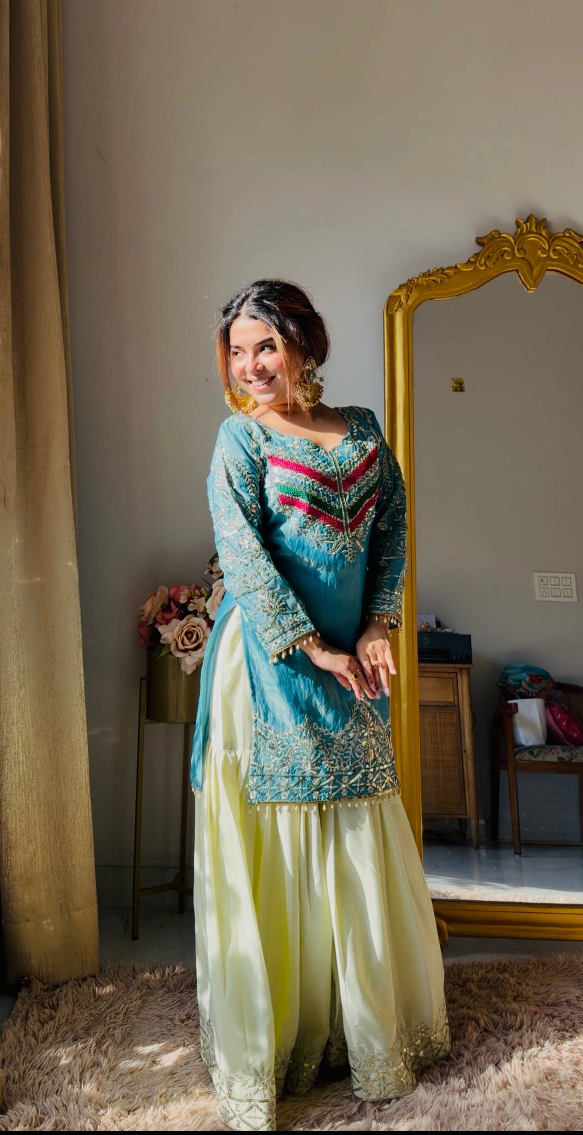 Royal Teal Kurti with Flowing Sharara & Designer Dupatta