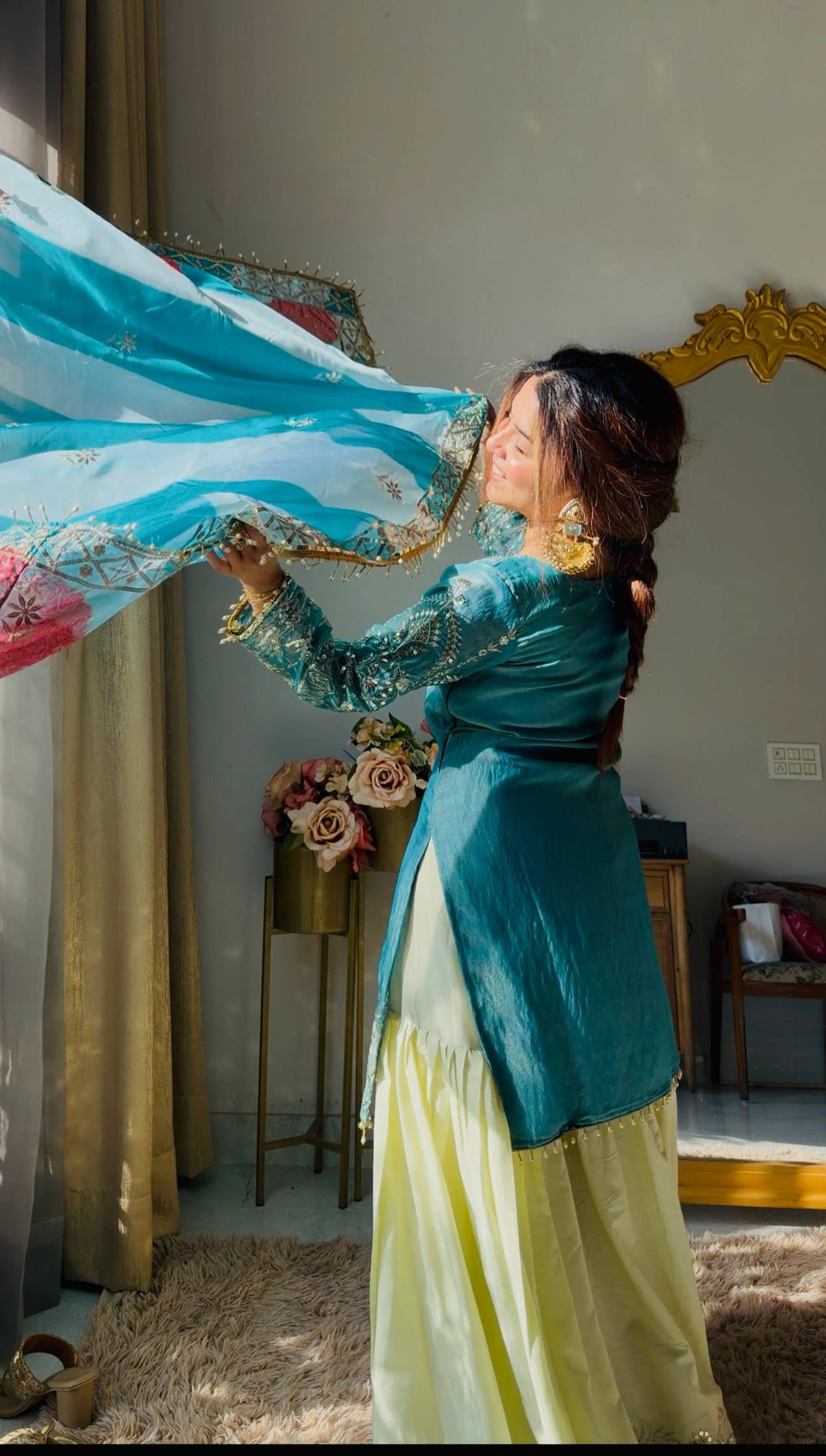 Royal Teal Kurti with Flowing Sharara & Designer Dupatta
