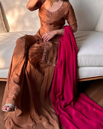 Graceful Brown Party Wear Sharara Set with Contrast Dupatta