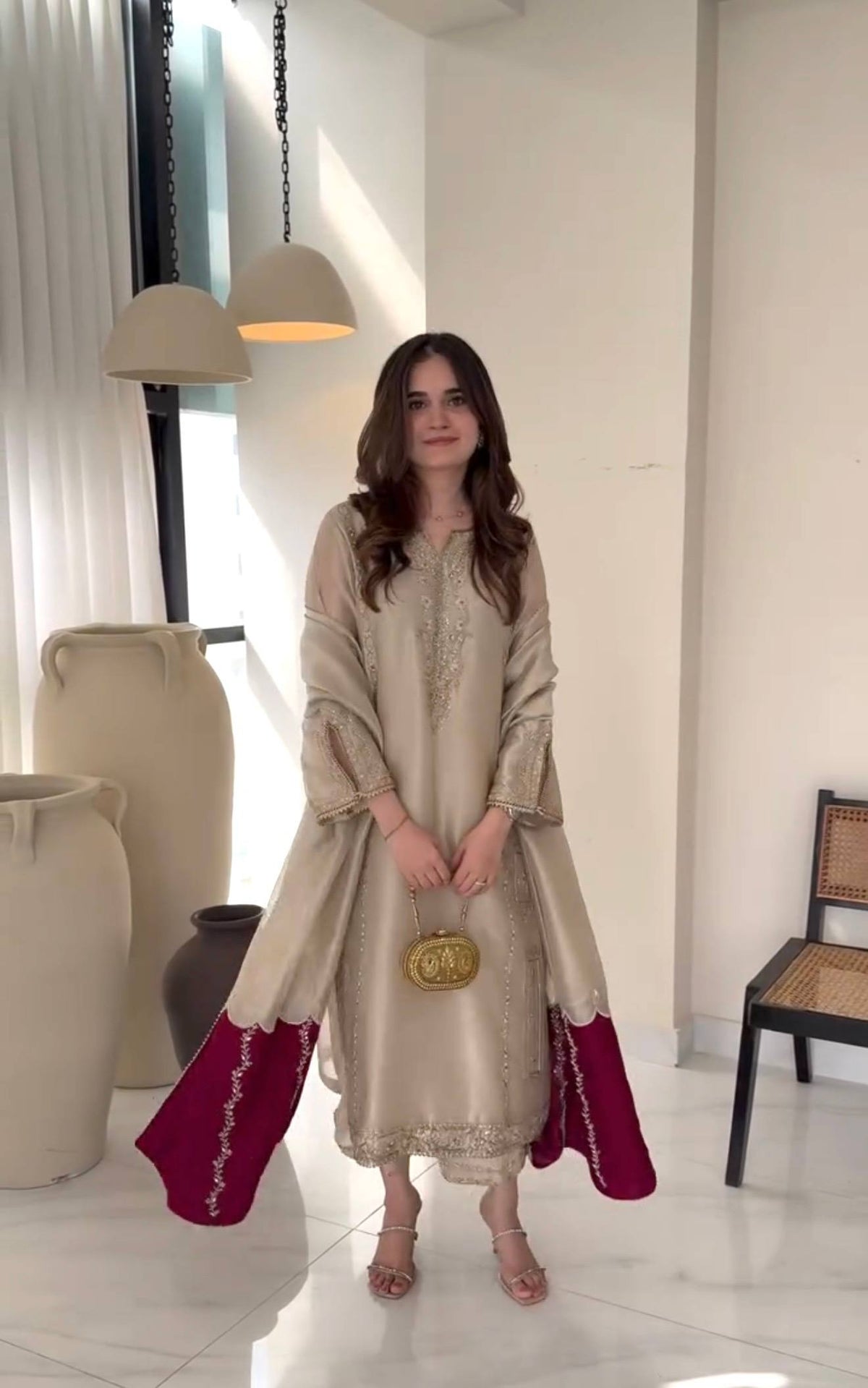 Ivory Embroidered Kurta with Wine Flared Palazzo