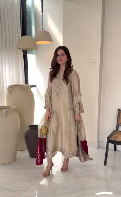 Ivory Embroidered Kurta with Wine Flared Palazzo