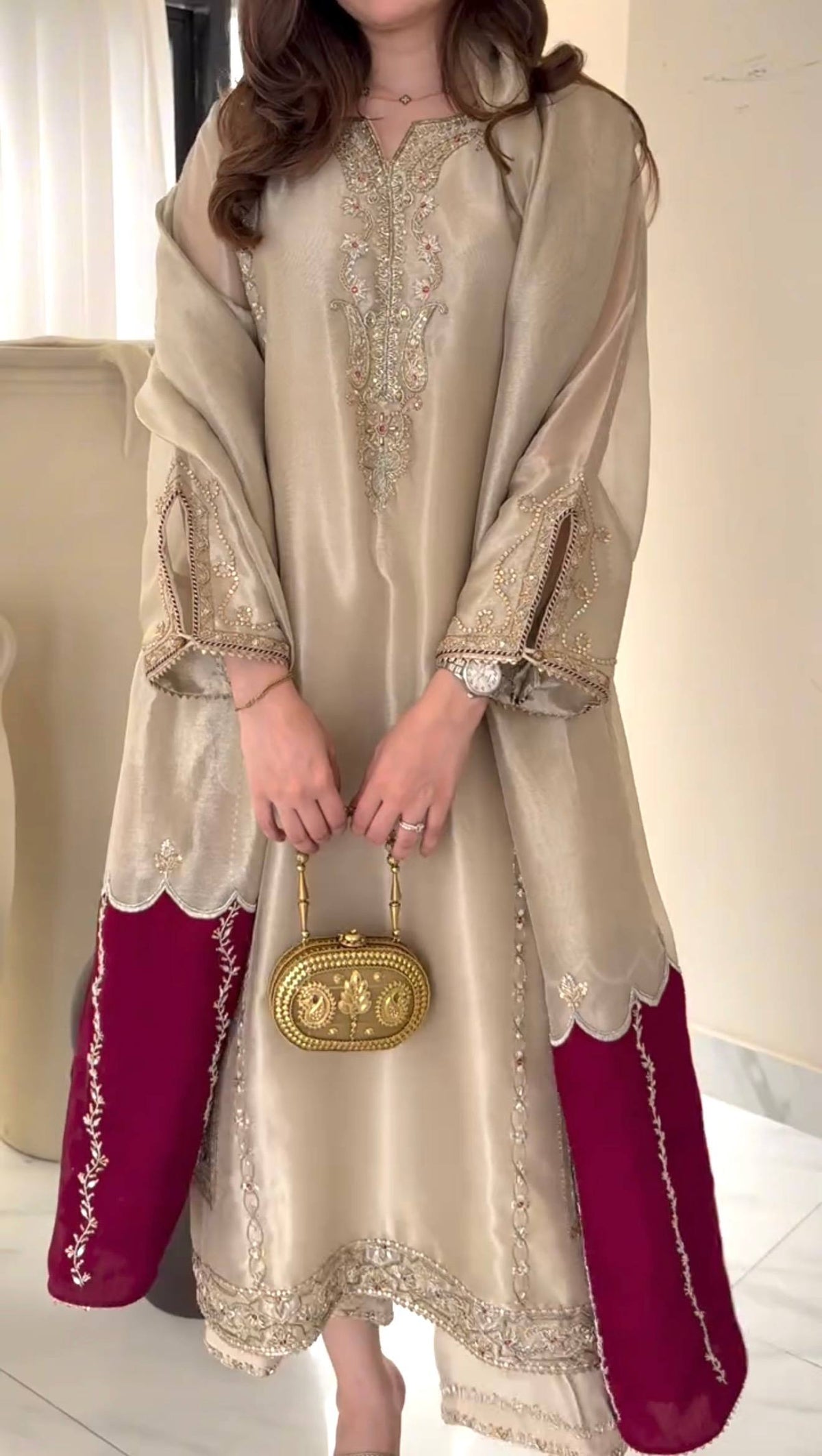 Ivory Embroidered Kurta with Wine Flared Palazzo