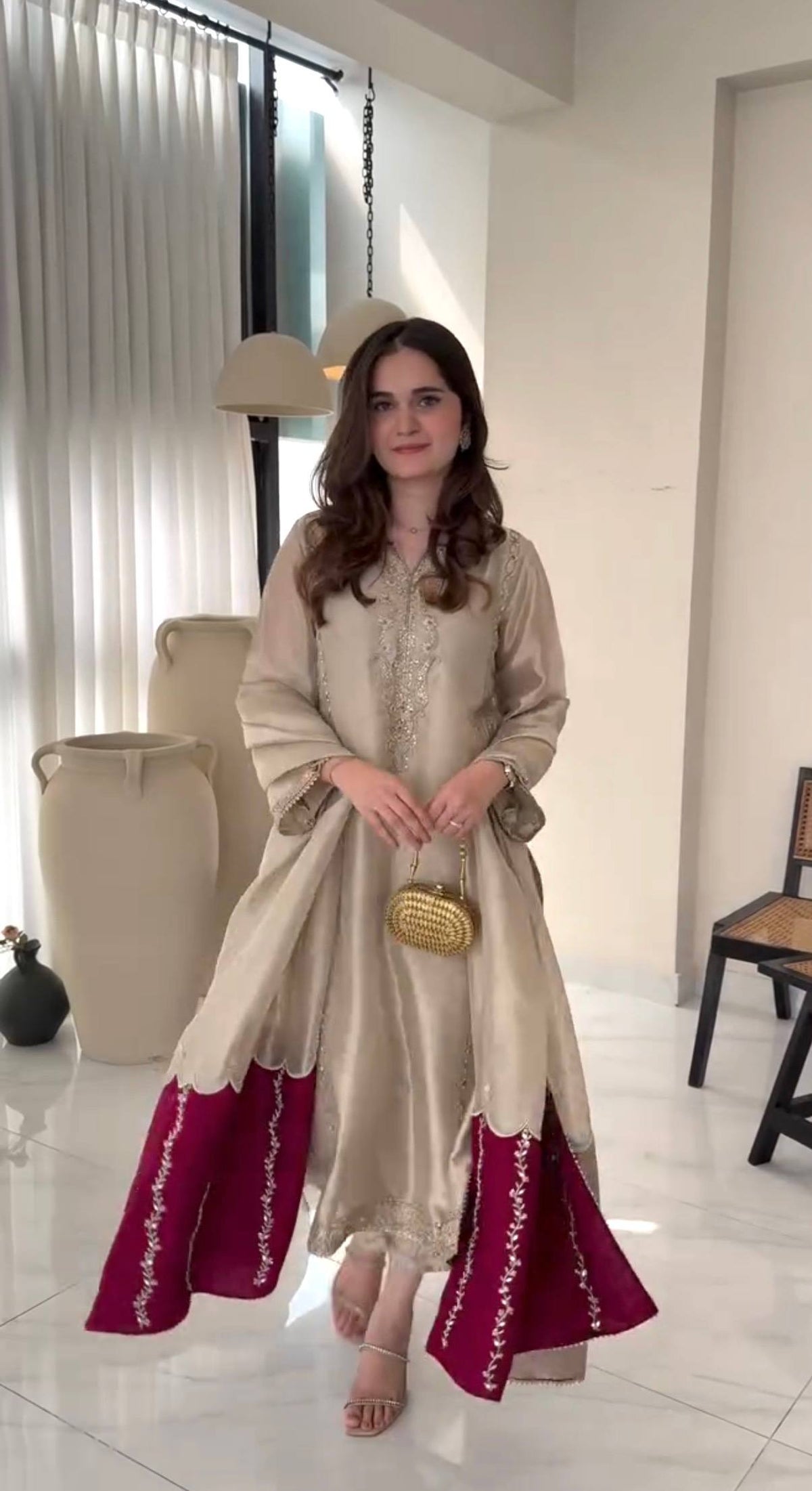 Ivory Embroidered Kurta with Wine Flared Palazzo