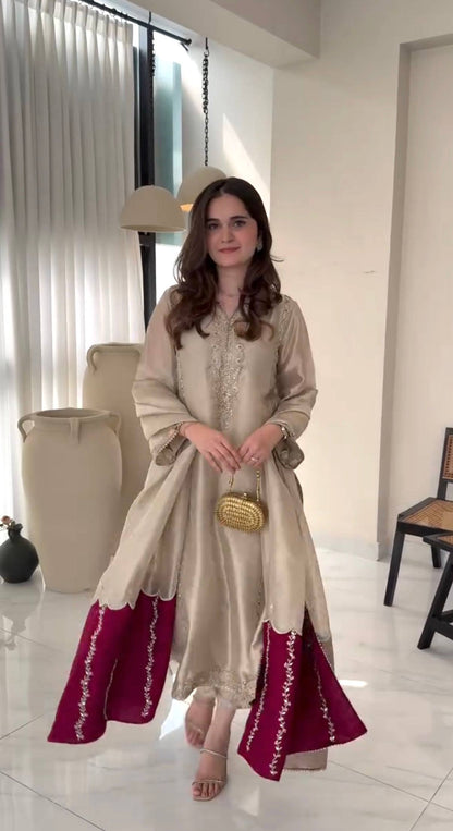 Ivory Embroidered Kurta with Wine Flared Palazzo