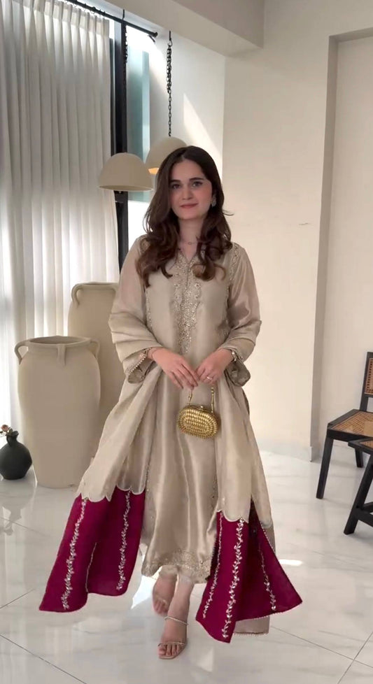 Ivory Embroidered Kurta with Wine Flared Palazzo