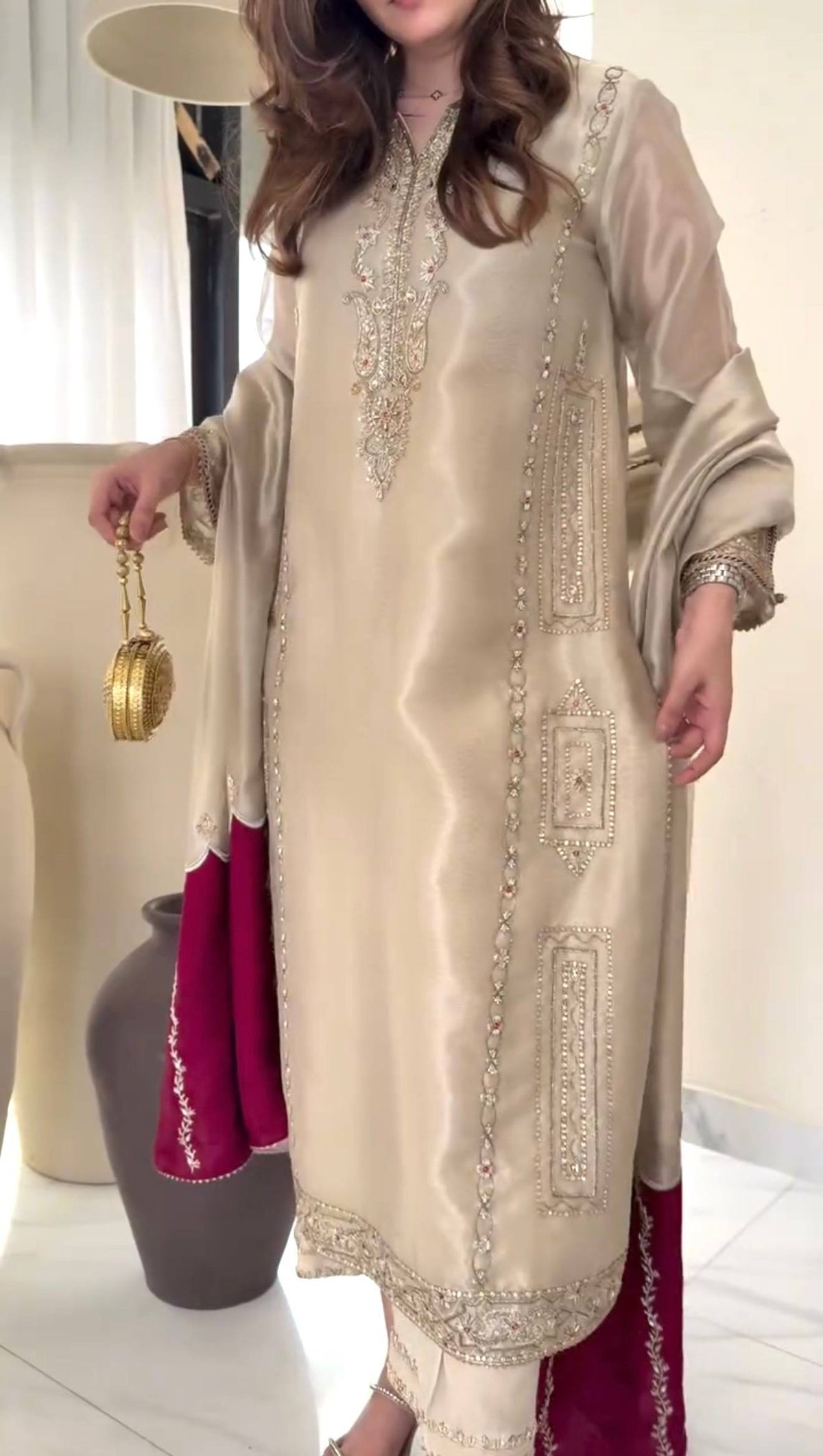 Ivory Embroidered Kurta with Wine Flared Palazzo