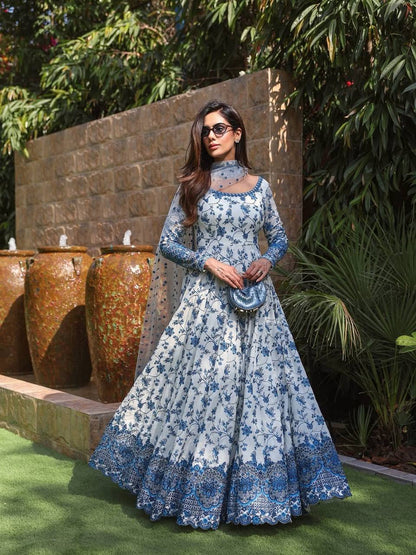 Premium Georgette Blue Floral Anarkali Gown