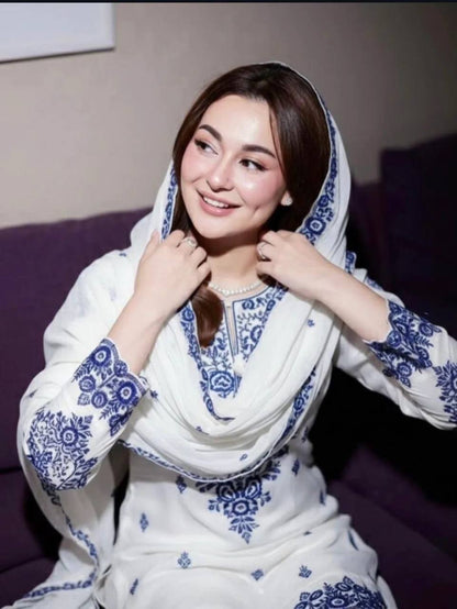 Premium White A-Line Kurti with Royal Blue Thread Work