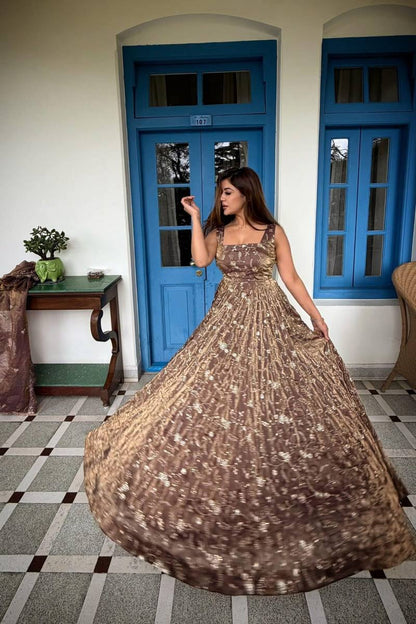 Women's Chocolate Brown Heavy Sequin Embroidered Net Flared Party Gown