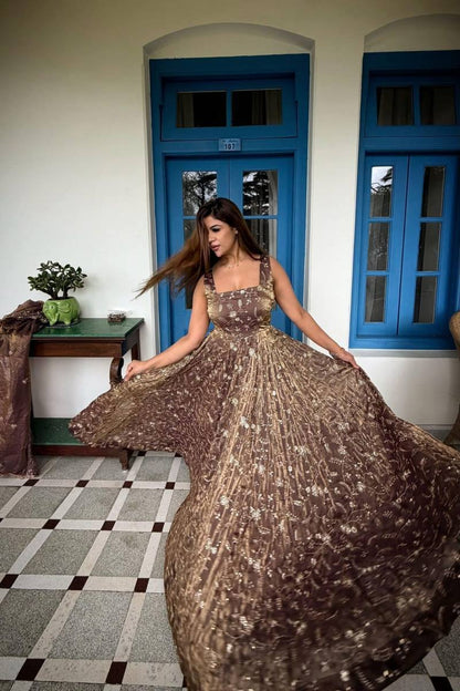 Women's Chocolate Brown Heavy Sequin Embroidered Net Flared Party Gown