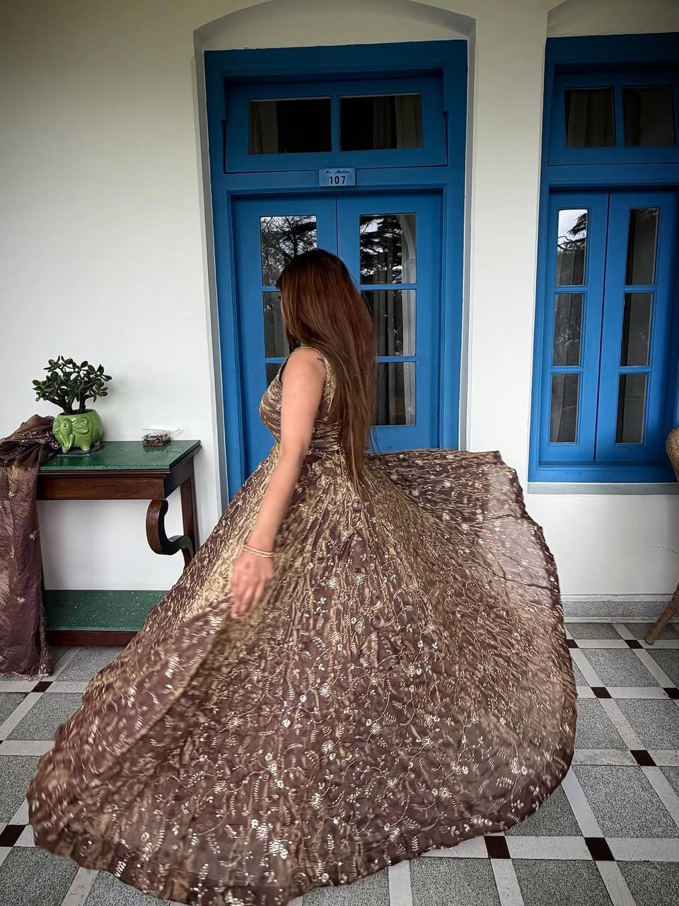 Women's Chocolate Brown Heavy Sequin Embroidered Net Flared Party Gown