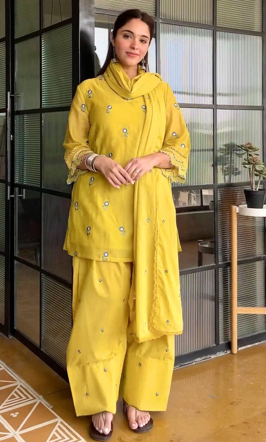 Yellow  Premium Straight Kurta with Palazzo & Dupatta Suit Set for Women