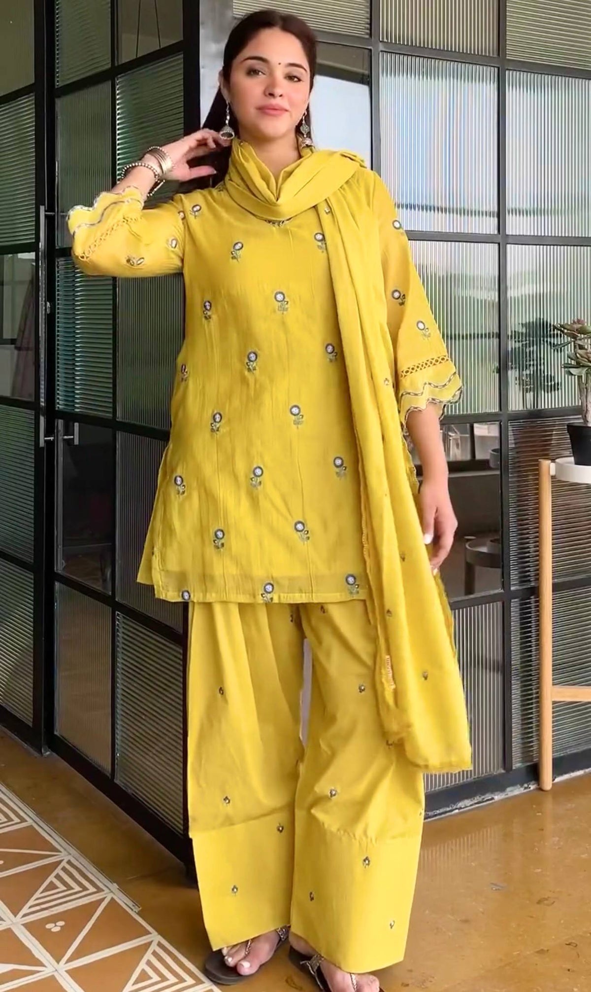 Yellow  Premium Straight Kurta with Palazzo & Dupatta Suit Set for Women