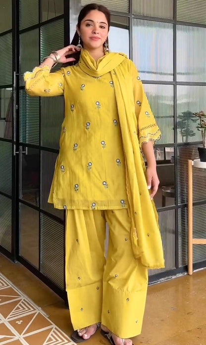 Yellow  Premium Straight Kurta with Palazzo & Dupatta Suit Set for Women