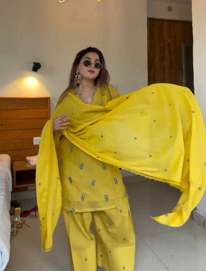 Yellow  Premium Straight Kurta with Palazzo & Dupatta Suit Set for Women