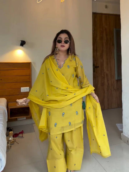 Yellow  Premium Straight Kurta with Palazzo & Dupatta Suit Set for Women