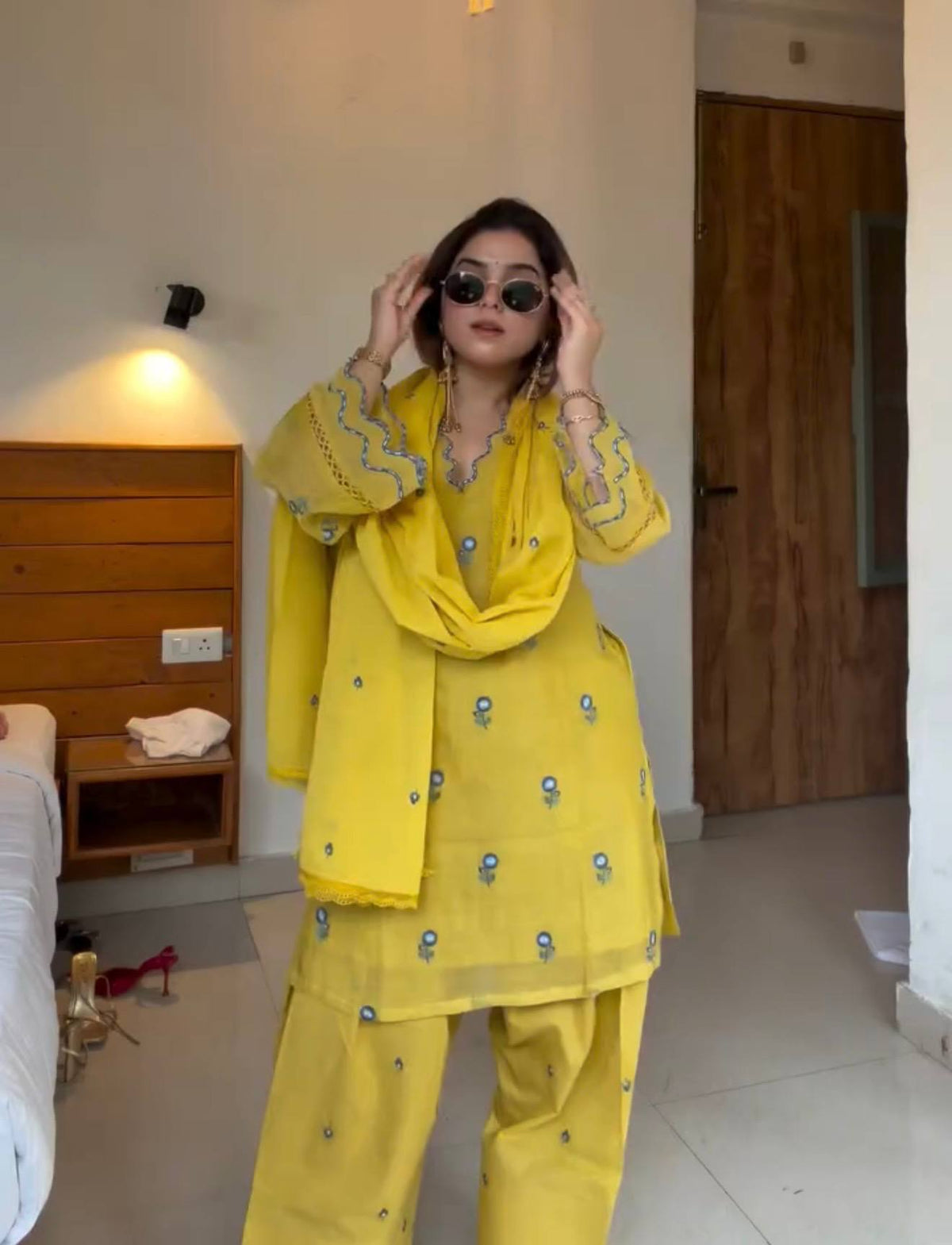 Yellow  Premium Straight Kurta with Palazzo & Dupatta Suit Set for Women