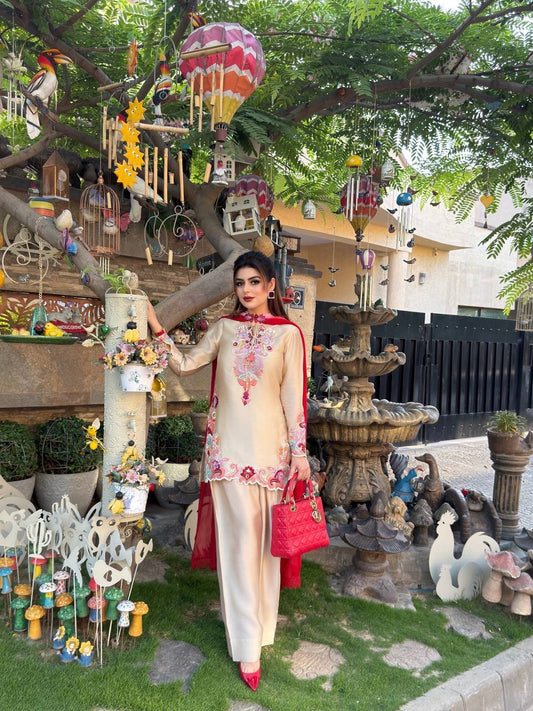 Women's Ivory Designer Embroidered Kurta Farshi Set with Pink Dupatta