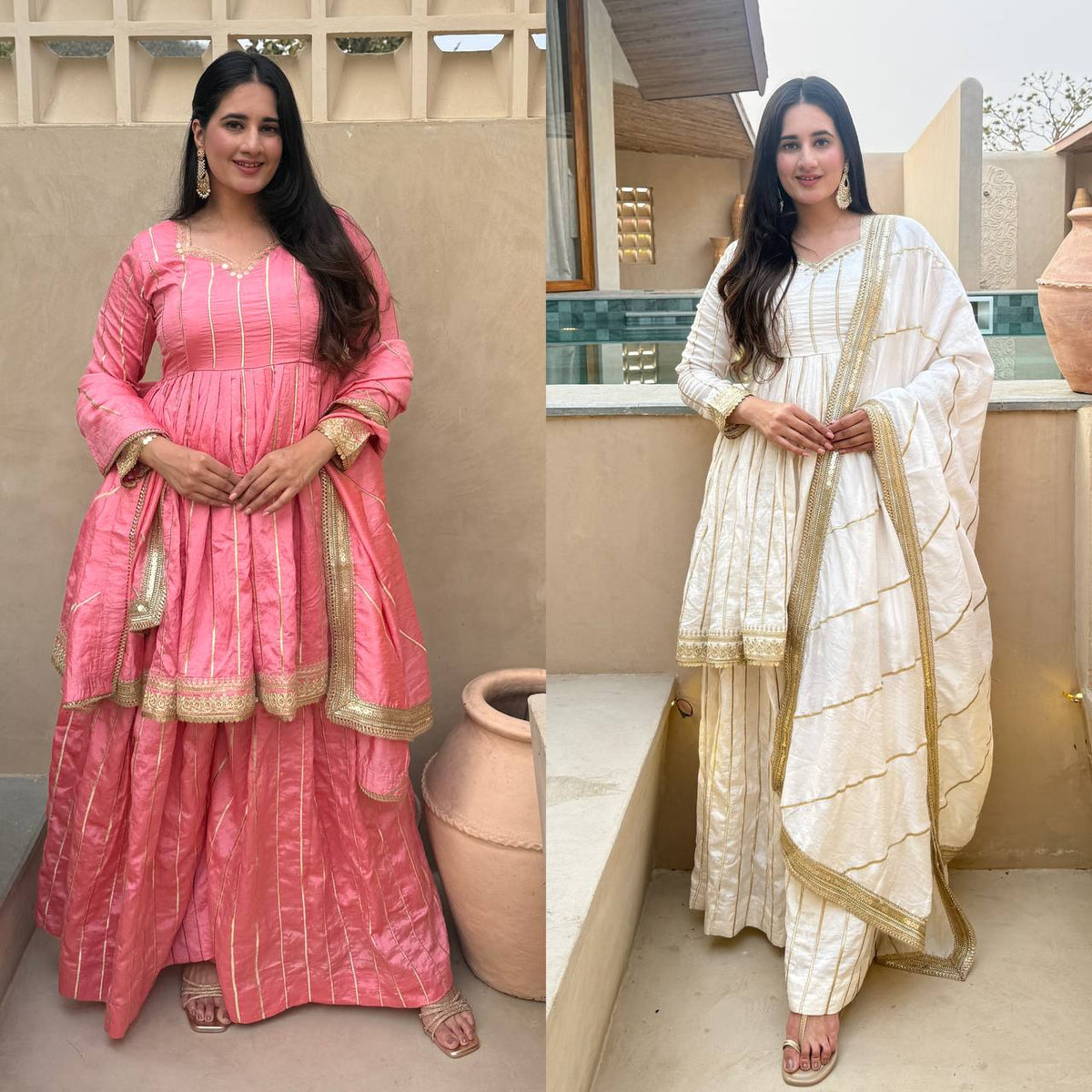 These outfits appear to be Anarkali Kurta Sets with Dupatta