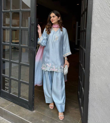 Graceful Pastel Blue Kurta Set with Pink Accents