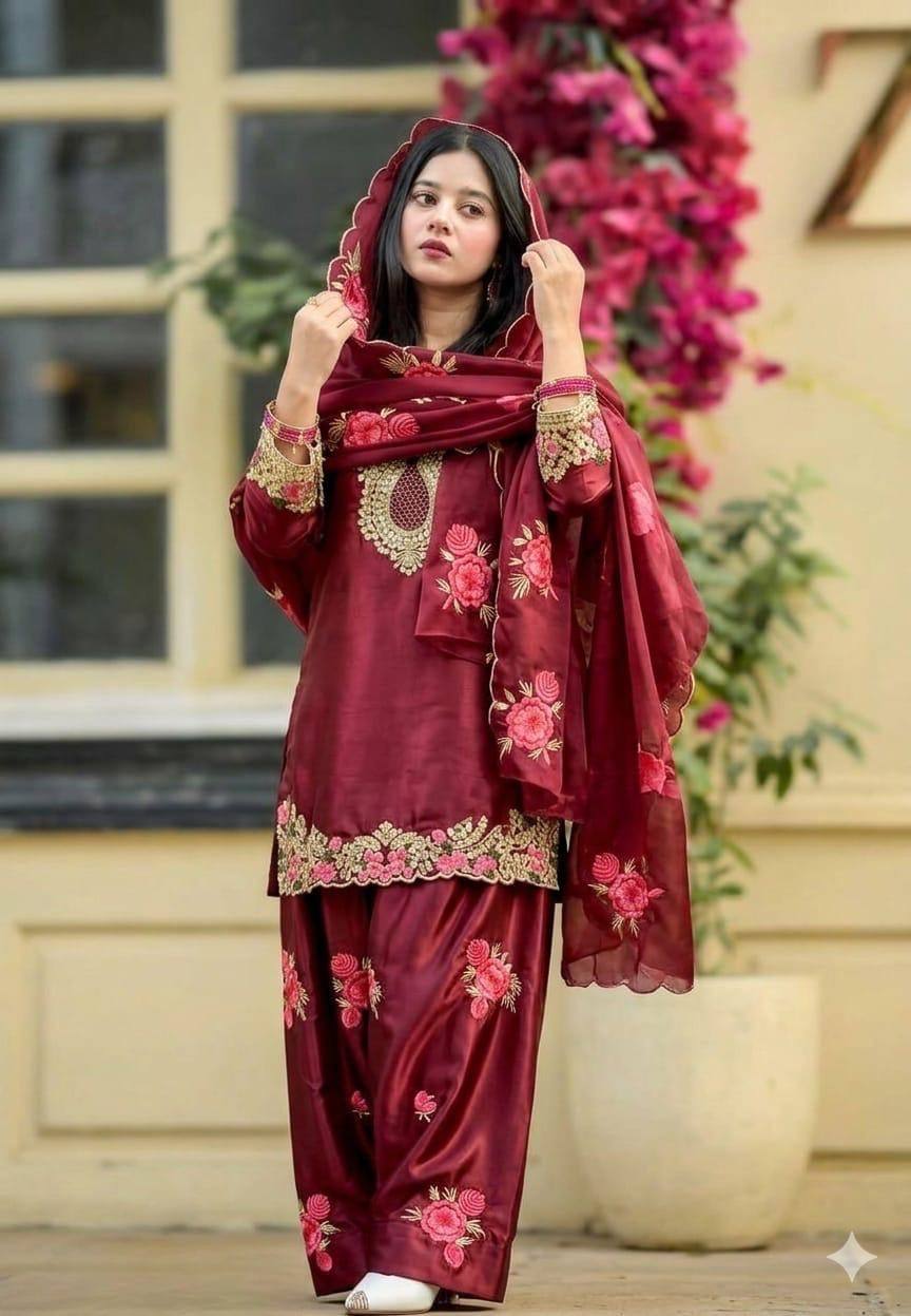 Luxury Ivory Ethnic Suit with Rose Embroidery.