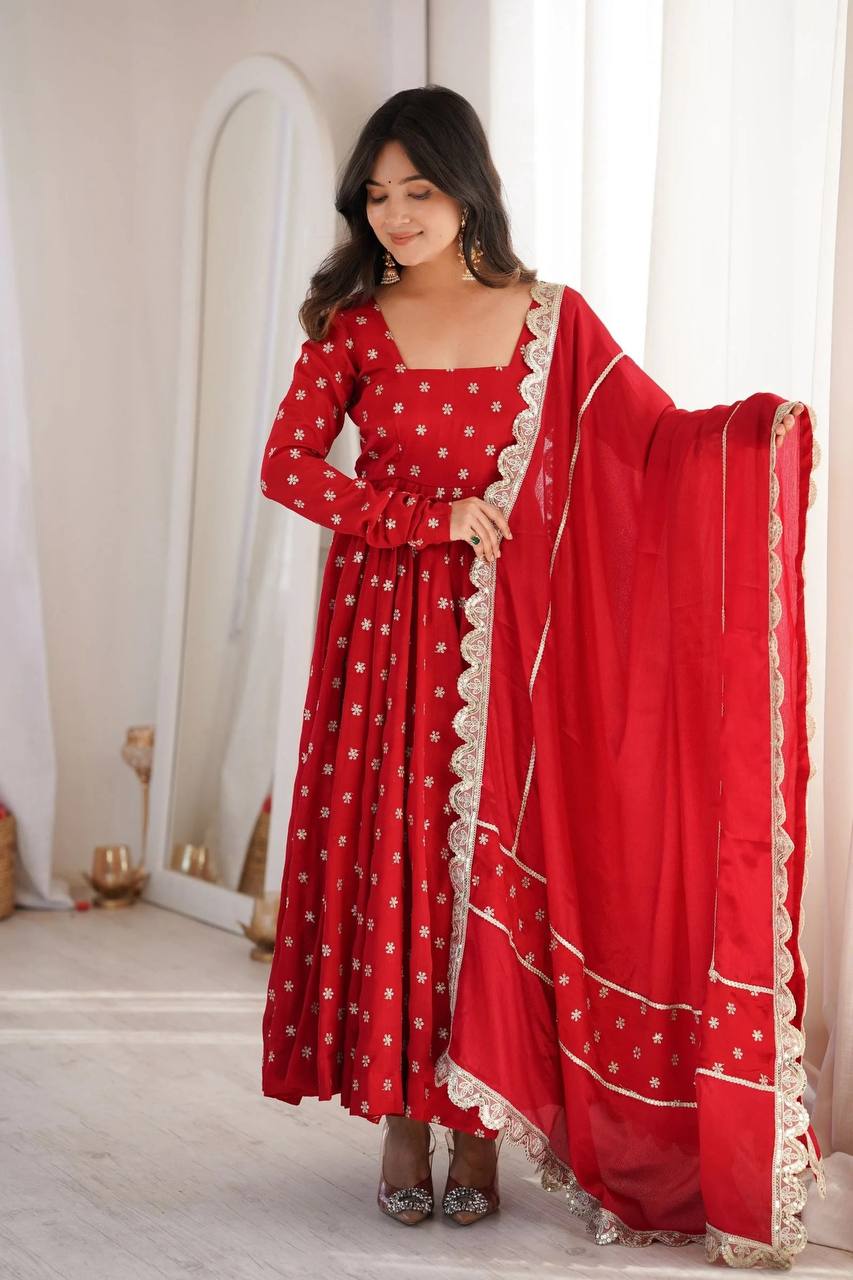 Women's Ruby Red Embroidered Georgette Anarkali Suit Set with Dupatta