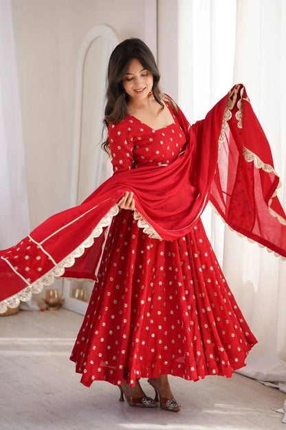 Women's Ruby Red Embroidered Georgette Anarkali Suit Set with Dupatta