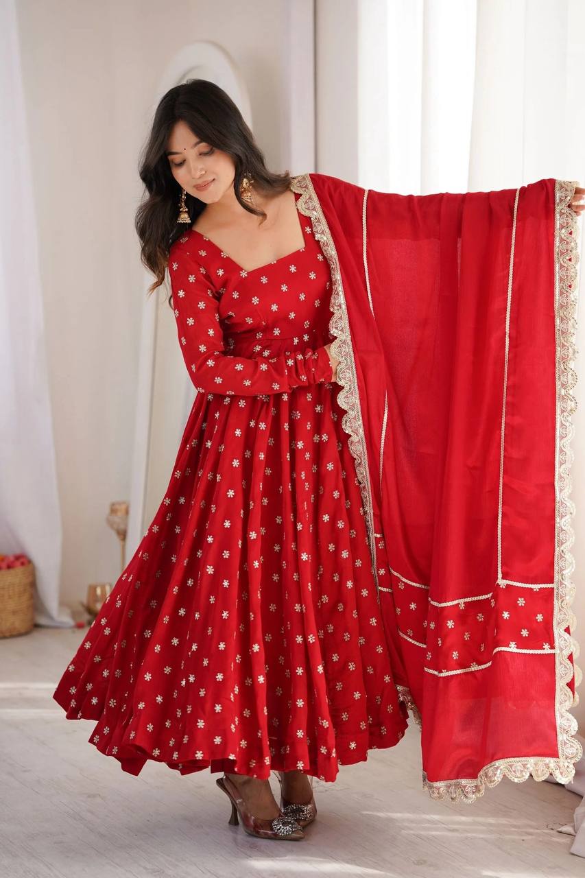 Women's Ruby Red Embroidered Georgette Anarkali Suit Set with Dupatta