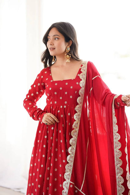 Women's Ruby Red Embroidered Georgette Anarkali Suit Set with Dupatta