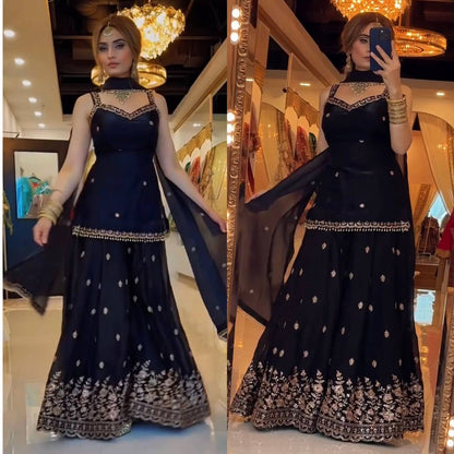 Elegant Black Sharara Suit with Heavy Golden Embroidery