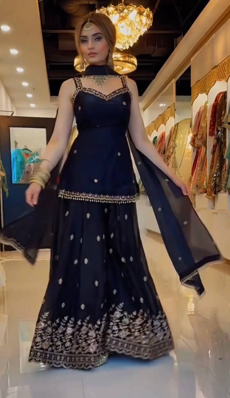 Elegant Black Sharara Suit with Heavy Golden Embroidery