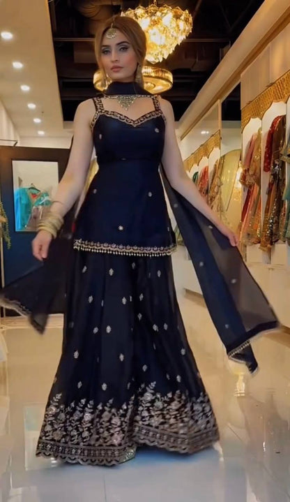 Elegant Black Sharara Suit with Heavy Golden Embroidery