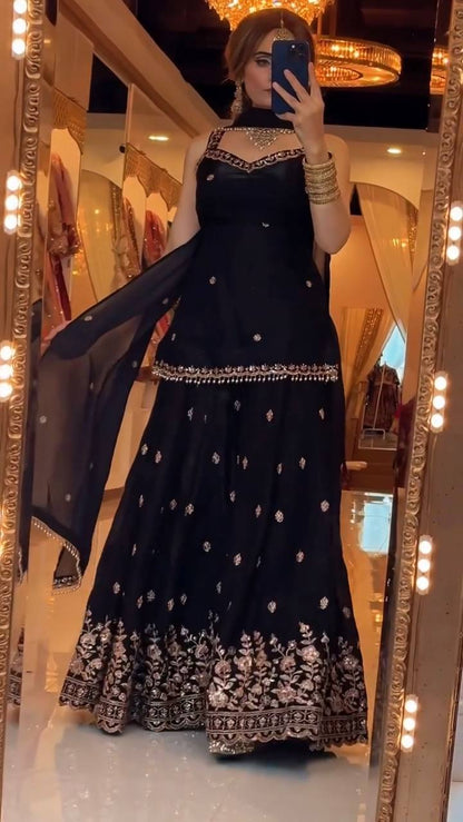 Elegant Black Sharara Suit with Heavy Golden Embroidery