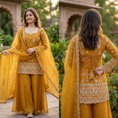 Elegant Mustard Yellow Embroidered Suit Set with Dupatta