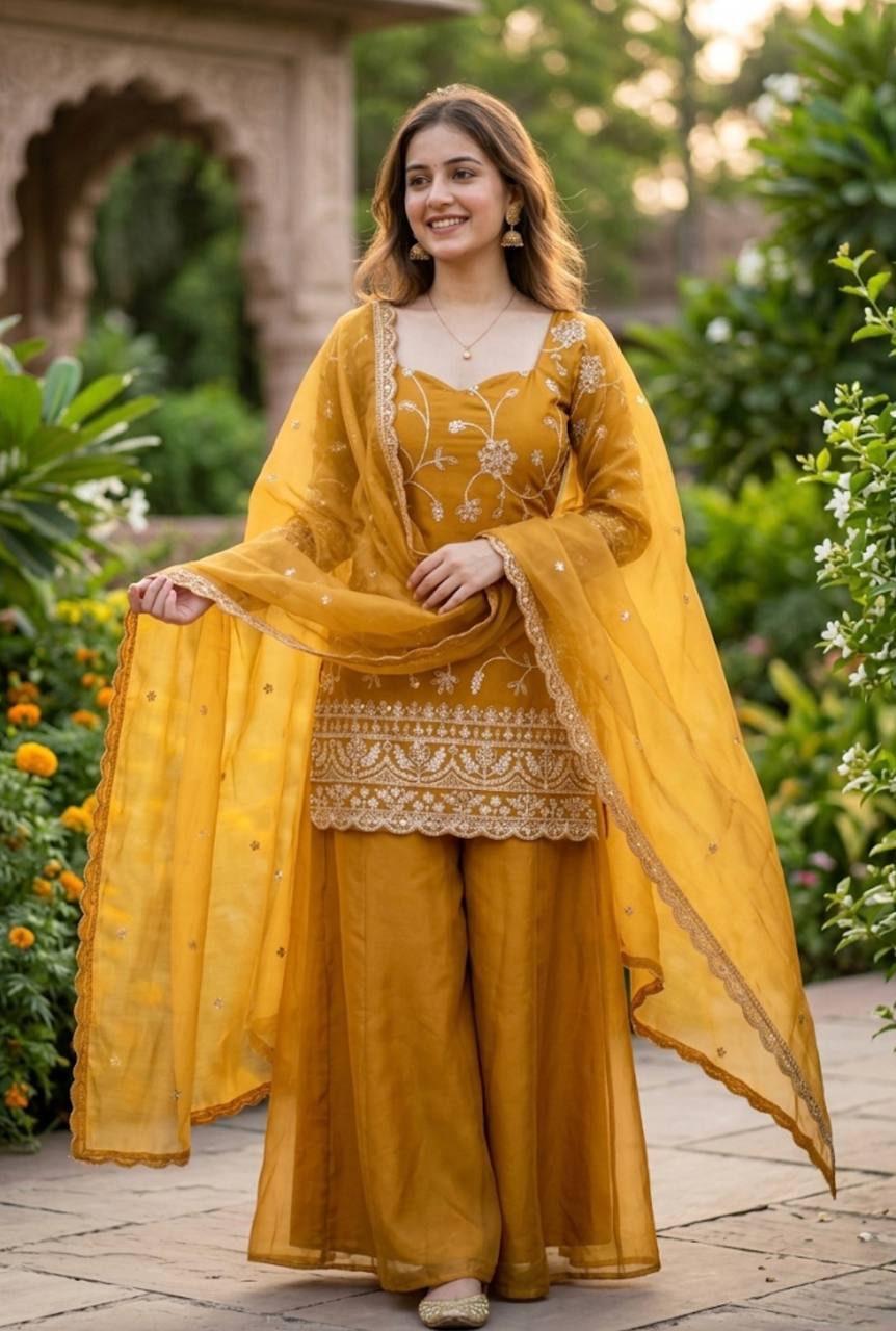 Elegant Mustard Yellow Embroidered Suit Set with Dupatta
