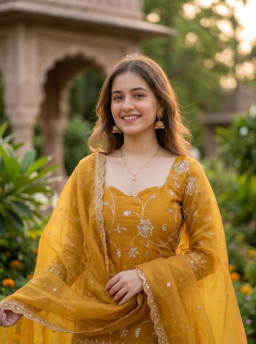 Elegant Mustard Yellow Embroidered Suit Set with Dupatta